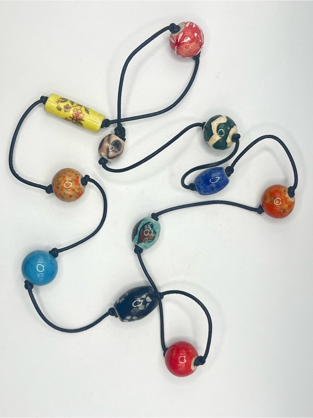 Handmade Multicolor Ceramic Bead & Leather Corded Necklace 24”